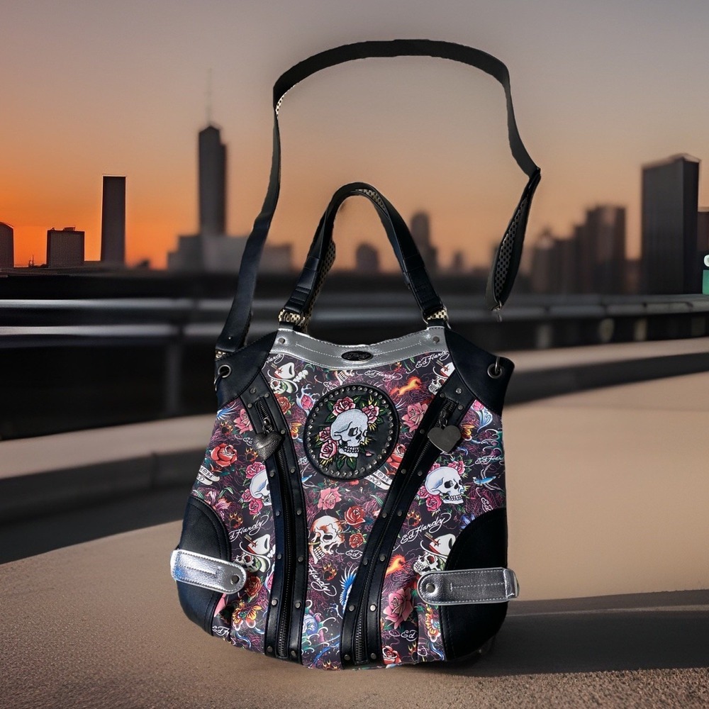 Ed Hardy Y2K Skull Floral Crossbody Bag Studded Tattoo Print Purse, Womens Bag